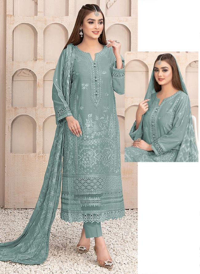 Faux Georgette Sky Blue Eid Wear Embroidery Work Pakistani Suit